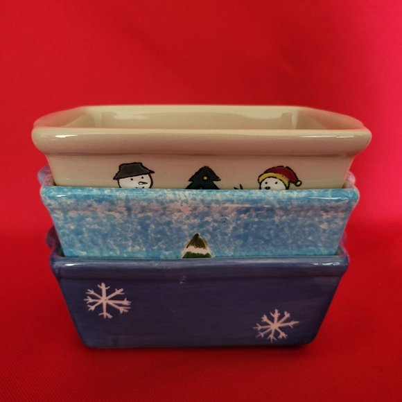 Mini Bread Loaf Pan Ceramic Stoneware Christmas Winter Snowman Snowflakes Set of - Picture 3 of 12